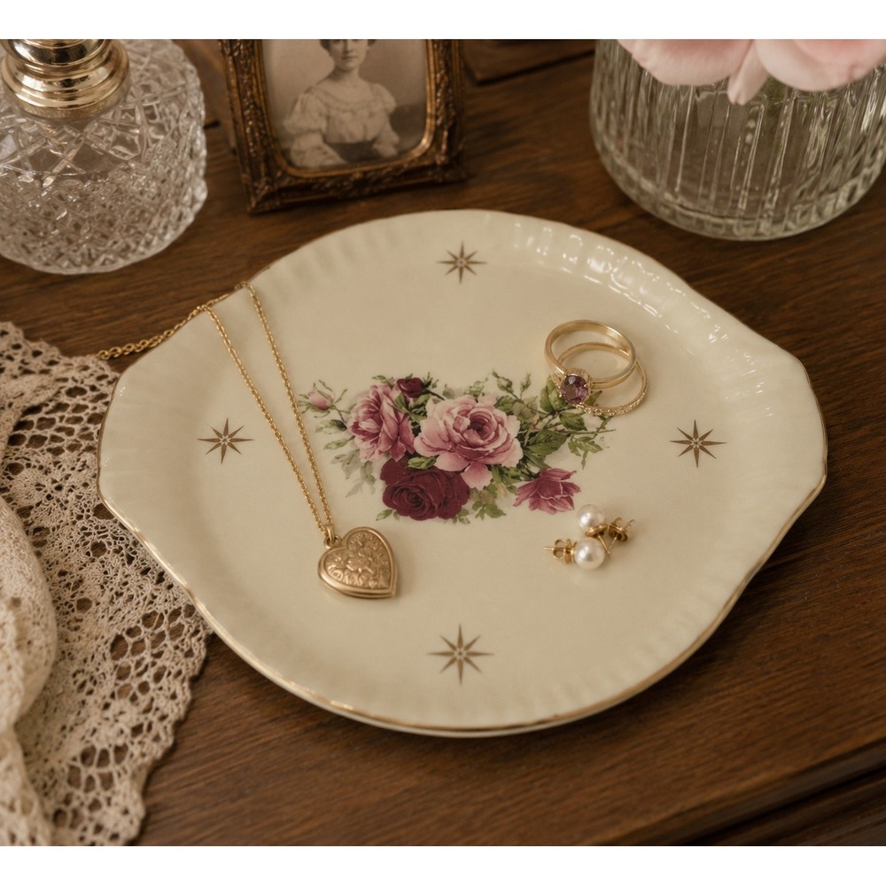 Vtg 8" Jewelry Tray Accessory Ivory Gold Victorian Rose Formalities By Baum Bros